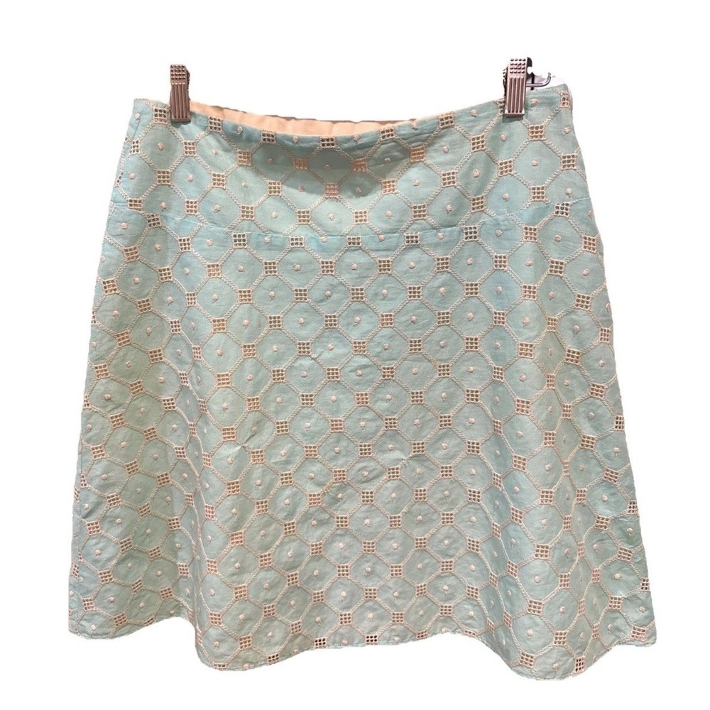 Sevier Skirts Blue Lined Short Skirt Embroidered Geometric Pattern (flaws noted)